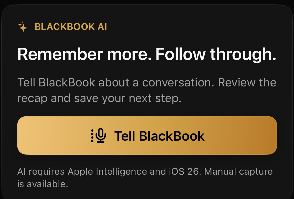 BlackBook AI capture screen (Tell BlackBook), including the Apple Intelligence device requirement