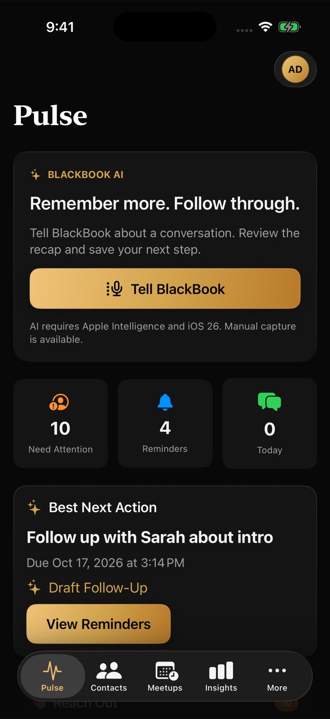 BlackBook personal CRM app on iPhone: Pulse, Contacts, Meetups and Insights screens with demo data
